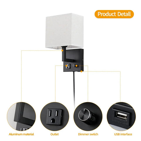 Plug In Wall Sconce With USB Charging Port And Dimmable Switch, Bedside Nightstand Lamp, Black Finish, showing USB and dimmer details.