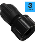 Close-up of black plastic three-pack drip irrigation tubing to faucet adapter (1/2 in to 3/4 in FHT), reusable fittings