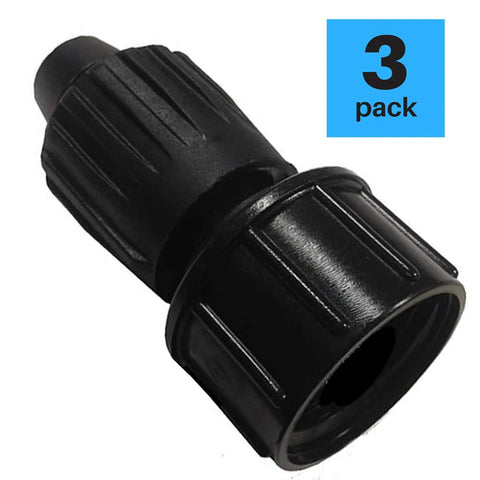 Close-up of black plastic three-pack drip irrigation tubing to faucet adapter (1/2 in to 3/4 in FHT), reusable fittings