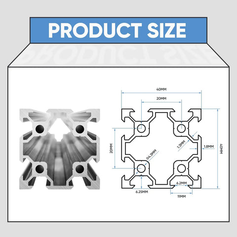 Diagram showing the European Standard 4040 Aluminum Extrusion V Slot 4 Pack 800mm Length Anodized Black Rail for 3D Printer dimensions