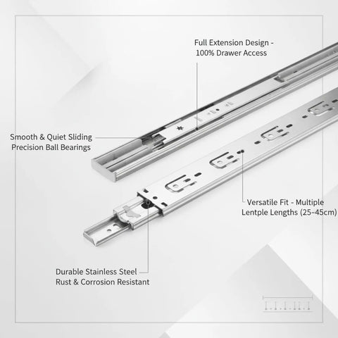 Close-up of full-extension drawer slides in stainless steel for kitchen cabinets, featuring heavy-duty rails and smooth sliding mechanism.