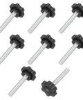Top Rated 10 Pack 1/4 20 Star Knobs Built Tough For Heavy Duty Shop Use Featuring Durable Metal Construction And No Sweat Grip Design With 1.6 Inch Male Threaded Stud Perfect For Quick Clamping And Solid Jobs, showing eight star knobs with black grips and metal threaded rods.