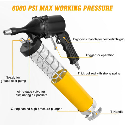 Diagram of Pro Grade Heavy Duty Pneumatic Grease Gun Kit 6000 PSI, 14 Oz Capacity, Air Operated with Parts Labeled, Yellow