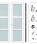 Preassembled 48 x 80 Inch White Frosted Glass Sliding Closet Door Set With 3 Lite Bypass Panels, Waterproof PVC Wood Slab Surface
