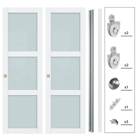 Preassembled 48 x 80 Inch White Frosted Glass Sliding Closet Door Set With 3 Lite Bypass Panels, Waterproof PVC Wood Slab Surface