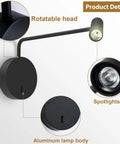 Wall Mounted Reading Light For Bedroom With LED Swing Arm Sconce, Hardwired Bedside Lamp, sleek black with rotatable head.