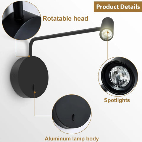 Wall Mounted Reading Light For Bedroom With LED Swing Arm Sconce, Hardwired Bedside Lamp, sleek black with rotatable head.