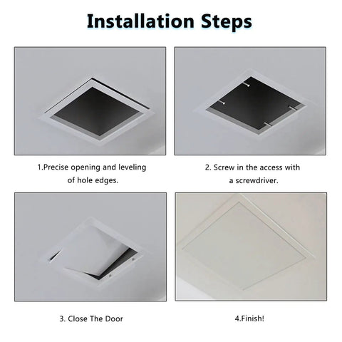 Installation steps for Heavy Duty White Aluminum Drywall Access Panel Removable Wall Hole Cover 8 By 8 Inch shown in images.