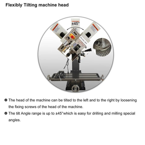 Tough As Nails 1300W Brushless Benchtop Milling Machine With R8 Spindle 1.1 Inch Drill Capacity Variable Speed showing the tilting head feature