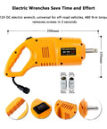 Compact 12V Electric Impact Wrench With Cigarette Lighter Plug High Torque Portable Tire Removal Tool For Car Truck Sedan Emergency Flat Tire Change No Battery Needed Easy Auto Repair, yellow wrench with switch and torque info.