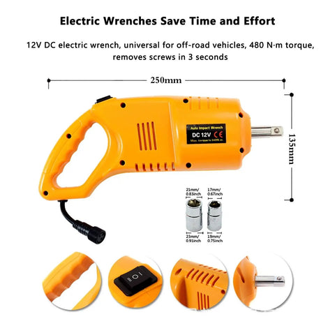 Compact 12V Electric Impact Wrench With Cigarette Lighter Plug High Torque Portable Tire Removal Tool For Car Truck Sedan Emergency Flat Tire Change No Battery Needed Easy Auto Repair, yellow wrench with switch and torque info.