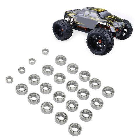 One Eighth Scale RC Ball Bearing Kit In Steel For A Serious Speed Upgrade, bearings displayed with a 1/8 scale RC car