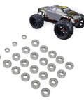 Pro Grade One Eighth Scale RC Ball Bearing Kit with beefy steel precision bearings laid out with RC car model, heavy duty durability.