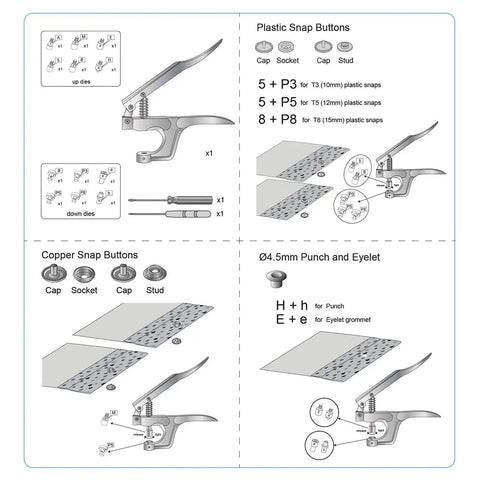 All In One Plastic Snap Fastener Kit With Pliers Set Includes 270 Sets Resin And Metal Snaps For Sewing And Crafting Pink Includes Dies Eyelets Awl And Screwdriver For Easy Snap Setup And Creative Projects diagram showing tools and snaps.