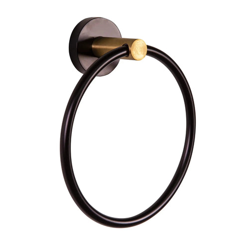 Kelton 4 Piece Matte Black And Satin Gold Bath Accessory Set - Towel Ring, durable zinc brass hardware, easy mount.