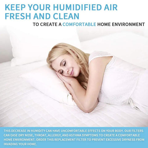 Woman sleeping comfortably, promoting Humidifier Filter A Replacement For Sunbeam And Holmes 4 Pack Keeps Moisture Up.