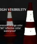 Four Pack 28 Inch Collapsible Traffic Cones with LED Light Reflective Collars, high visibility at night, in fluorescent orange.