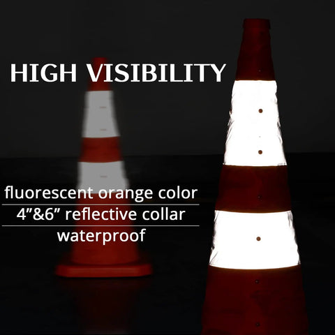 Four Pack 28 Inch Collapsible Traffic Cones with LED Light Reflective Collars, high visibility at night, in fluorescent orange.