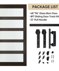 Package contents of 48x96 Inch Frosted Glass Barn Door With 8-Foot Sliding Hardware Included, 5-Panel Solid Wood Door Covered In Waterproof PVC Finish, Easy Assembly, Brown.