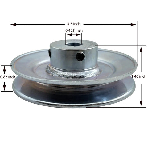 Side view of Single Groove V Belt Pulley 4.5 Inch Diameter Five Eighth Inch Bore Heavy Duty Motor Pulley Carbon Steel 1020 Zinc Plated