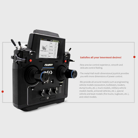 Top Tier 18 Channel RC Transmitter With 3.5 Inch TFT Touchscreen And Crisp 5D Hall Sensor Gimbals, showing joystick controls and display.