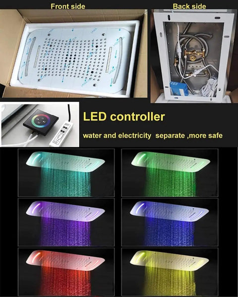 Zero Fuss Ceiling Mount Shower Panel 17 By 28 Inch With Thermostatic Valve And Rain Curtain Spray showing LED control and multiple color sprays.