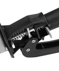 Close-up of Heavy Duty Stainless Steel Right Angle Clamp With Quick Fix Press Handle, showing spring mechanism and metal components.
