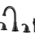 Two Handle 3 Hole Widespread Bathroom Faucet With Pop Up Drain And Overflow, Oil Rubbed Bronze Finish, 8 Inch Spread displayed parts
