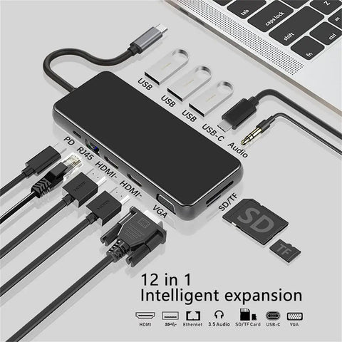 GoTo Usb C Laptop Docking Station Providing Zero Drama Setup With Gigabit Ethernet Vga Output And Sweet Superfast Data Ports Pd Charging Up To Eighty Seven Watts Badass Cold Aluminum Build For Daily Hustle laid out with multiple USB connections and HDMI.