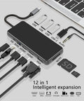 Heavy Duty Usb C Laptop Docking Station With Dual 4K Hdmi And Vga Ports Plus Gigabit Ethernet Jack supporting various cables and devices.