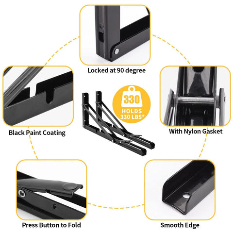 YUMORE 16-Inch folding shelf brackets, heavy-duty black L-brackets, pack of 2, max load 330 lb