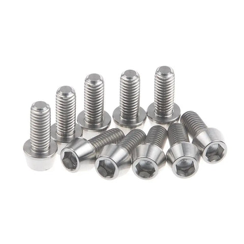 Pack of 10 Titanium M6x16mm Bolts With Tapered Hex Allen Head For Bikes, 6Al4V Alloy, shown in a group on white background.