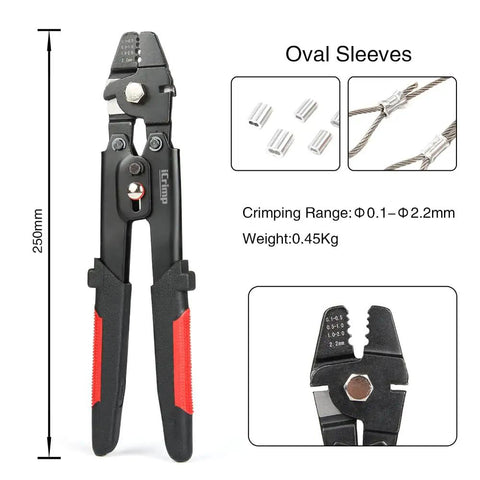 Wire Rope Swager For Crimping Fishing Lines Up To 2.2mm Hardened Steel Jaws With Black Oxide Finish, tool and crimping sleeves.