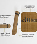 Canvas Knife Roll Bag With Handle For Travel And Camping, 13x3.3 inches, open and rolled views, showing durable storage with utensils.