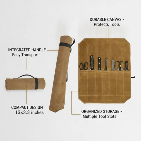 Canvas Knife Roll Bag With Handle For Travel And Camping, 13x3.3 inches, open and rolled views, showing durable storage with utensils.