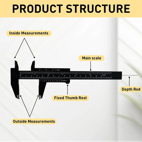 Diagram of Plastic Vernier Caliper 150mm Mini Caliper With Dual Inch And Millimeter Scale showing parts and measurements.