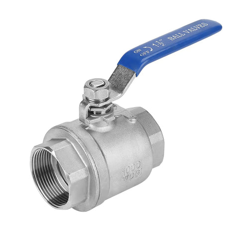Heavy Duty Stainless Steel Quarter Turn Ball Valve One Point Five Inch Npt Female Full Bore Connection For Water Oil Gas Lines Built Different With Hella Smooth Control, showing blue handle and threaded end.
