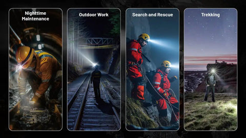 Collage of Beefy 3000 Lumen USB C Rechargeable Headlamp in use for maintenance, outdoor work, rescue, and trekking at night.