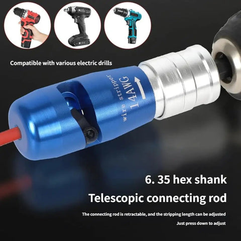 Heavy Duty Electric Wire Stripper For Drill, 6-14 AWG Cable Stripping Tool with telescopic connecting rod and compatible shank.