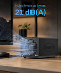 Heavy Duty Hybrid Storage Enclosure Featuring Four Sata Drive Bays And Four Nvme Slots For Up To 152TB Of Rock Solid Speed Plus Complimentary Backup Software For Any Creator Ready To Bulk Up Their Data Stack Smoothly, shown on a wooden desk.