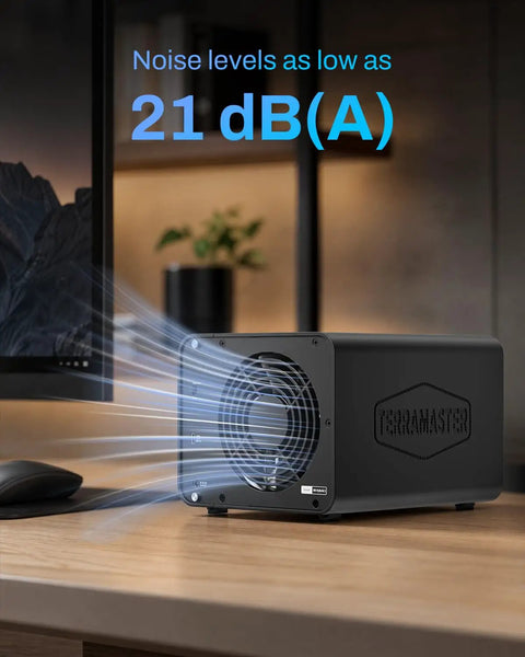 Heavy Duty Hybrid Storage Enclosure Featuring Four Sata Drive Bays And Four Nvme Slots For Up To 152TB Of Rock Solid Speed Plus Complimentary Backup Software For Any Creator Ready To Bulk Up Their Data Stack Smoothly, shown on a wooden desk.