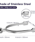 Stainless Steel Horse Spurs 1 Pair With Smooth Roller Ball For Adult Riding Training, English Equestrian Gear, dimensions labeled