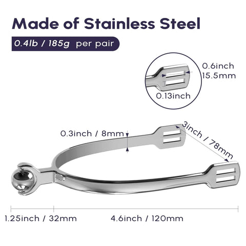 Stainless Steel Horse Spurs 1 Pair With Smooth Roller Ball For Adult Riding Training, English Equestrian Gear, dimensions labeled