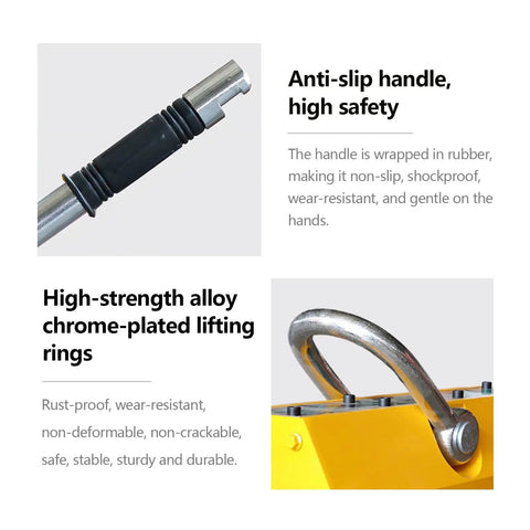 Detailed view of anti-slip handle and chrome-plated lifting rings of Heavy Duty Permanent Magnetic Lifter And 11000 Lbs Industrial Lifting Magnet For Workshop And Overhead Cranes With Rotary Switch And Rust Resistant NdFeB Core That Makes Hoisting Heavy Steel Plates A Total Breeze.