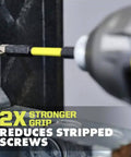 Drill and impact bit set with yellow grip; close-up of bit driving into a stripped screw.