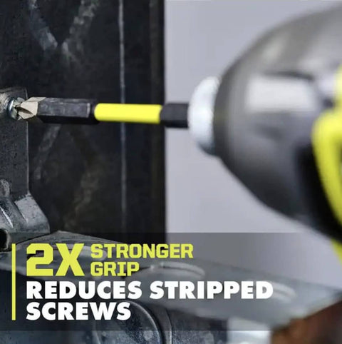 Drill and impact bit set with yellow grip; close-up of bit driving into a stripped screw.