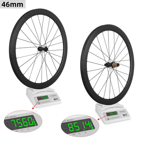 46mm Carbon Clincher Disc Brake Wheelset For Road Bikes, 24H Front And 24H Rear, on scales showing weight, Tubeless Ready
