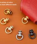 Top Tier 20 Pack Solid Brass Ball Chicago Studs Heavy Duty Screw Rivets With D Rings Badass Hardware For Leathercraft Belt Straps Wallet Chains And Diy Gear Gilt Gold Small variety of brass rivets in different finishes on leather bag.
