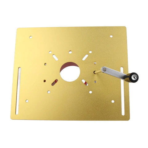 Heavy Duty Aluminum Router Lift For Top Shelf Woodworking Tables Featuring Smooth Manual Crank 0 To 47 Mm Height Adjustment And Boss Tier Clamping Base In Clean Gold Finish, top view of gold aluminum base with crank.