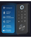 Slick Matte Black Smart Deadbolt Featuring Crisp Bluetooth App Control, digital keypad with fingerprint and passcode options.